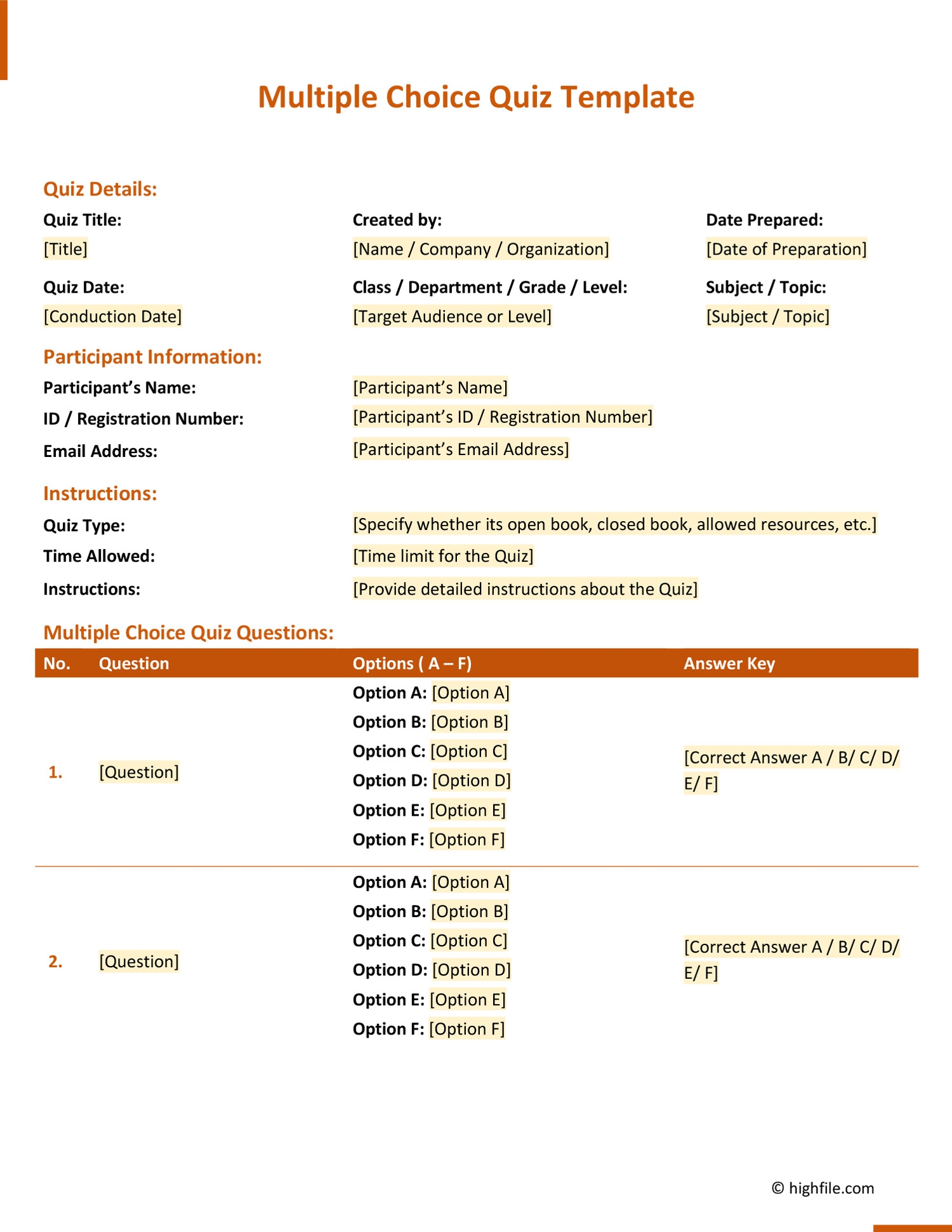 multiple choice quiz template