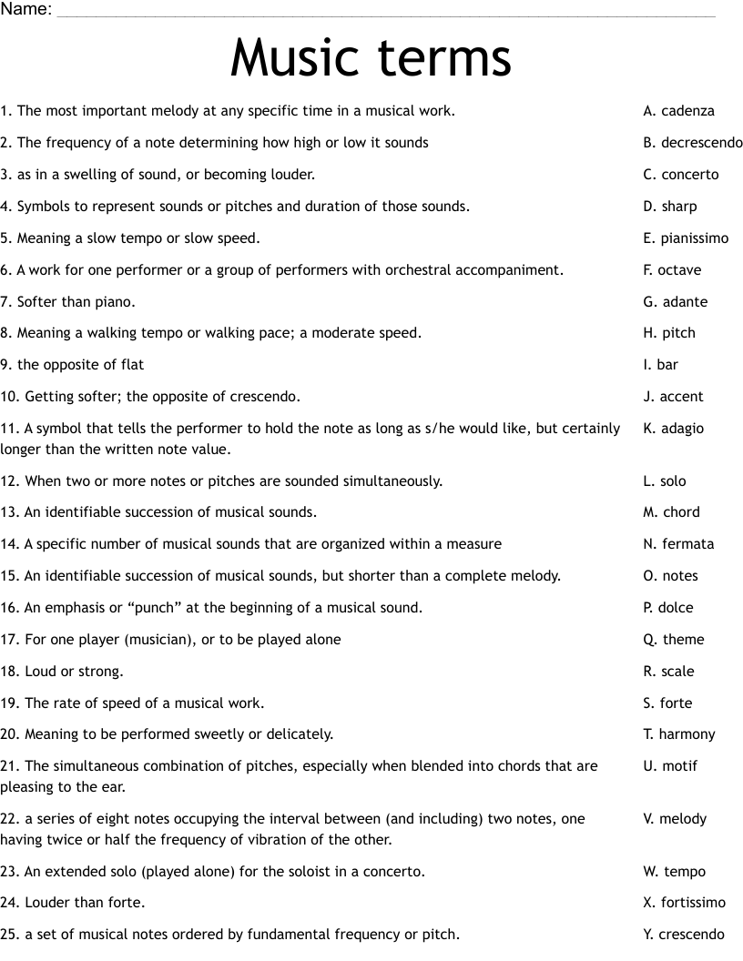 Music Terms Worksheet WordMint
