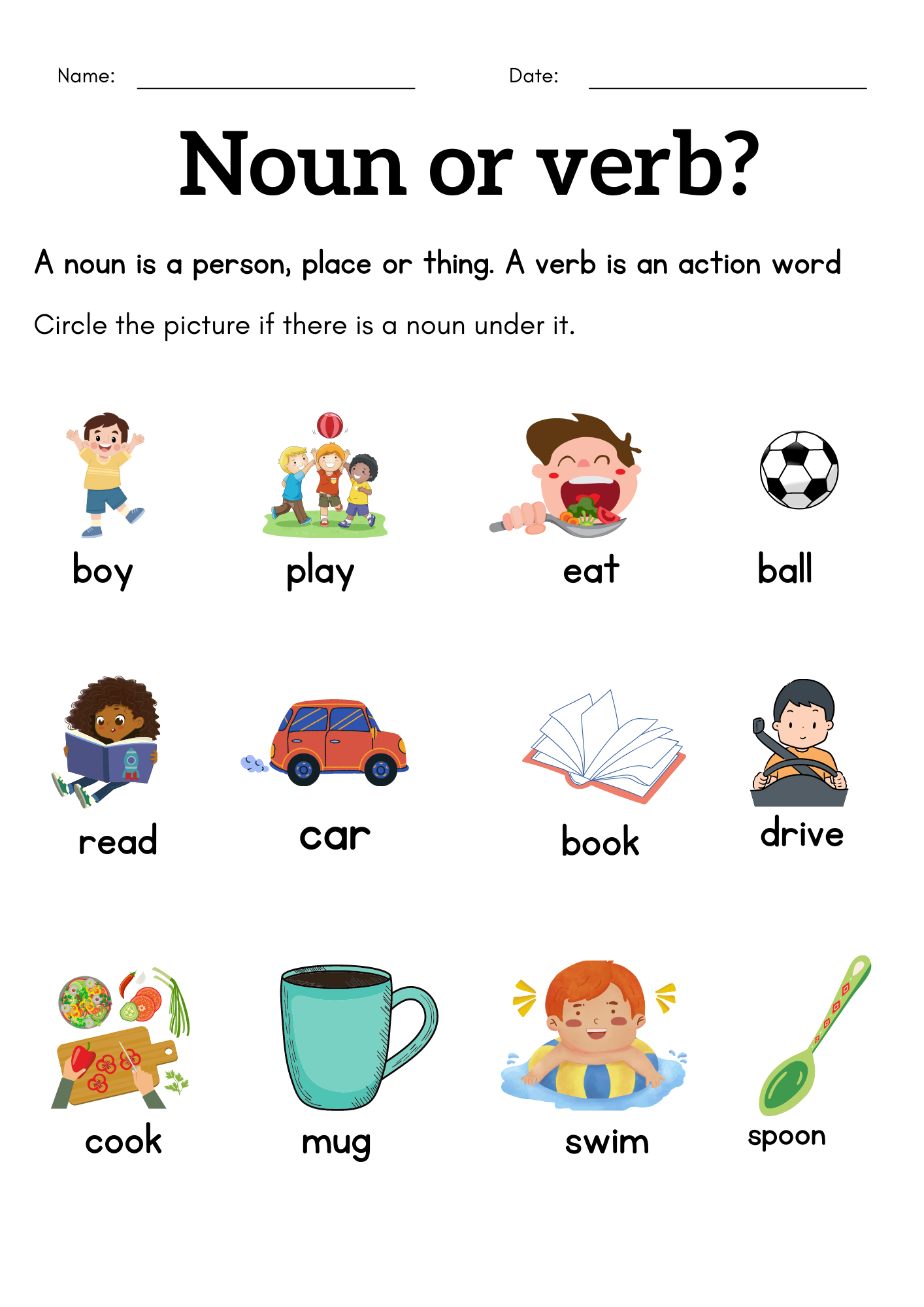 1st grade noun worksheets