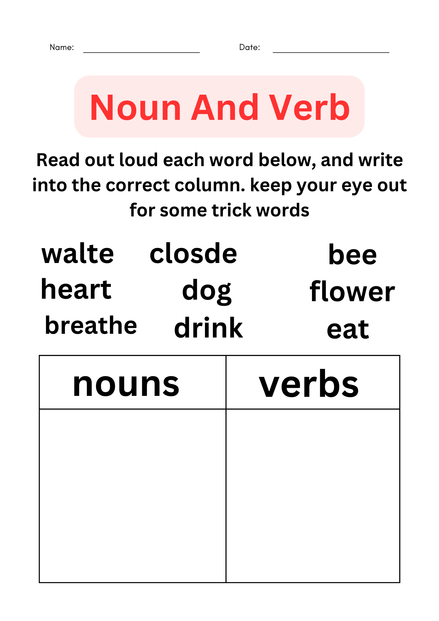 Noun And Verb Worksheets For Kindergarten