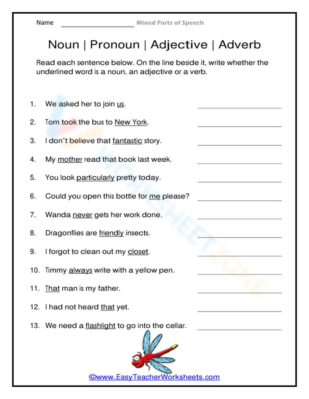 Noun Pronoun Adjective Adverb Worksheet Worksheets Library
