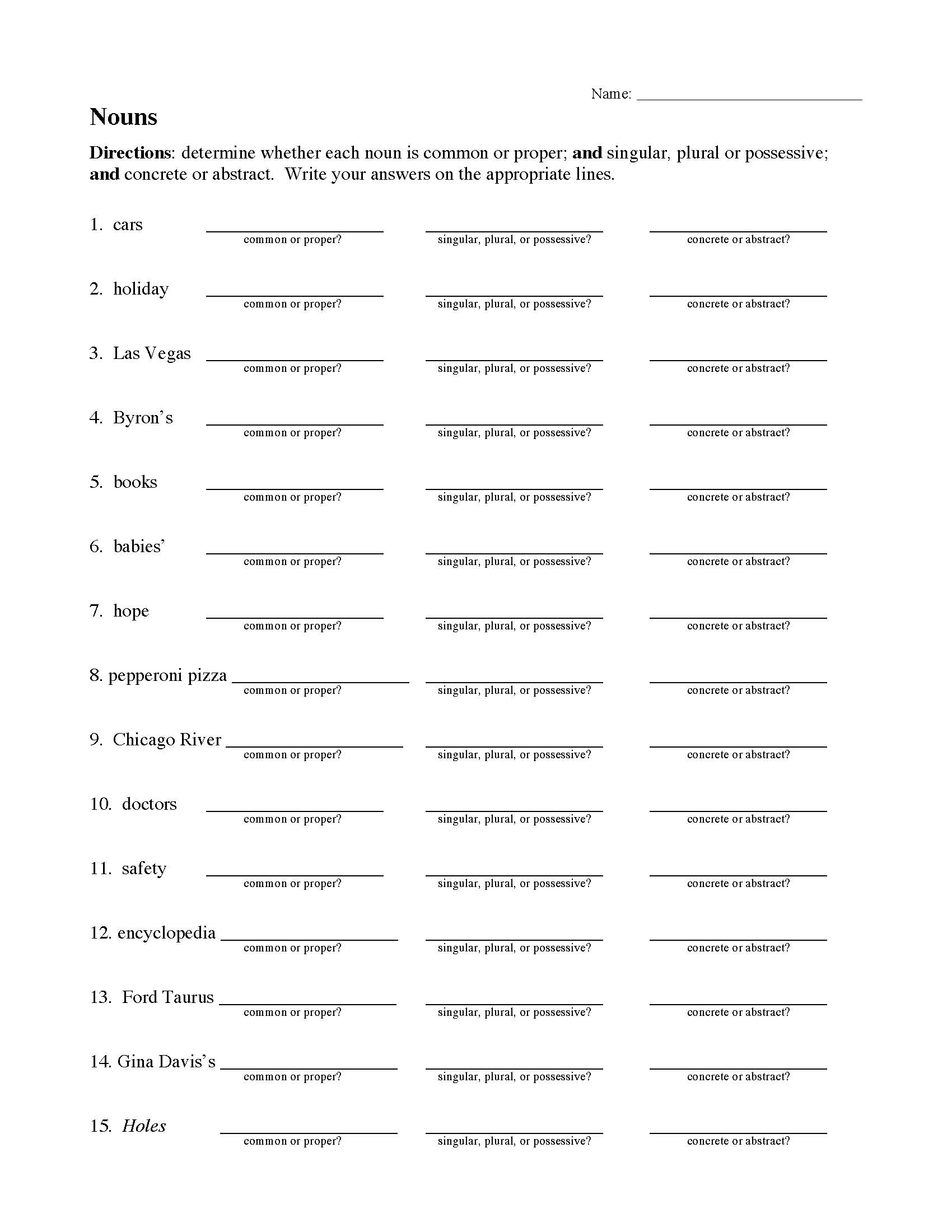 all types of nouns worksheets