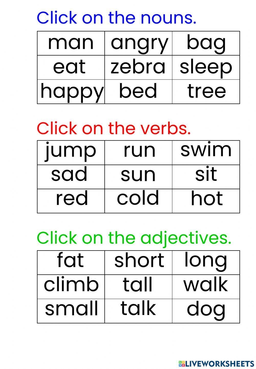 Noun Verb Adjective Interactive Worksheet Live Worksheets Worksheets Library
