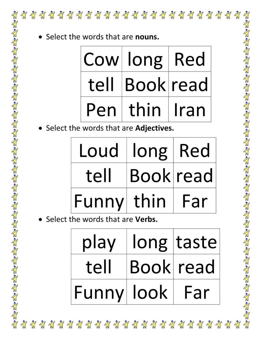 noun verb adjective worksheet printable