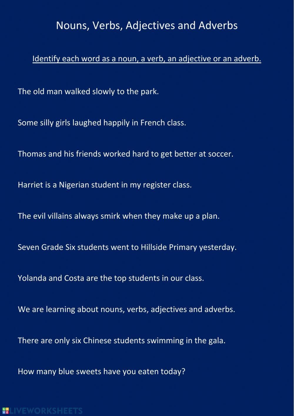 Nouns Adjectives Verbs And Adverbs Worksheet Live Worksheets Worksheets Library