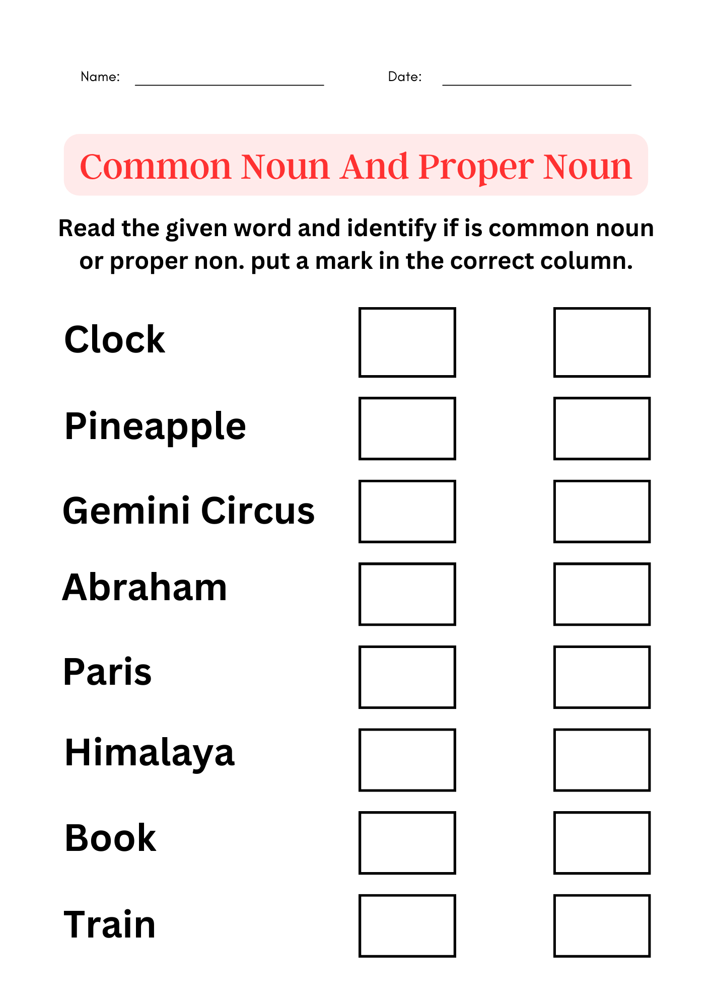 Nouns Common Nouns And Proper Nouns Worksheets For Grade 1 2 3 