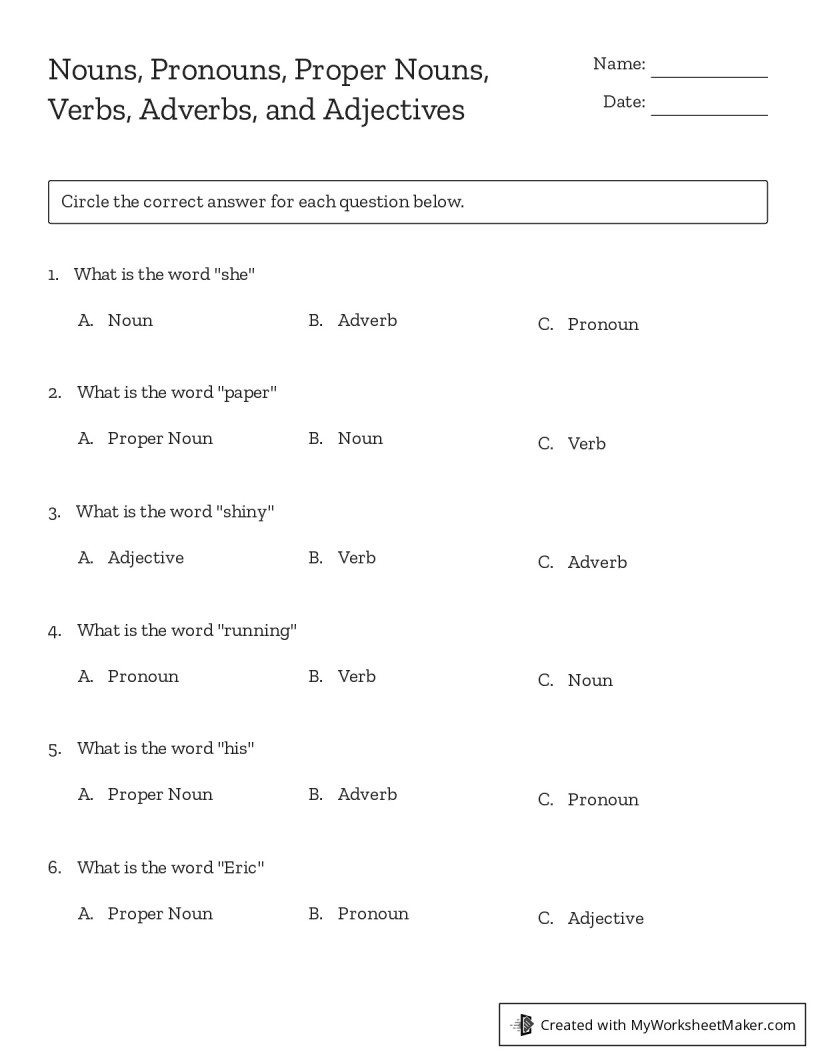 Nouns Pronouns Proper Nouns Verbs Adverbs And Adjectives My Worksheet Maker Create Your Own Worksheets