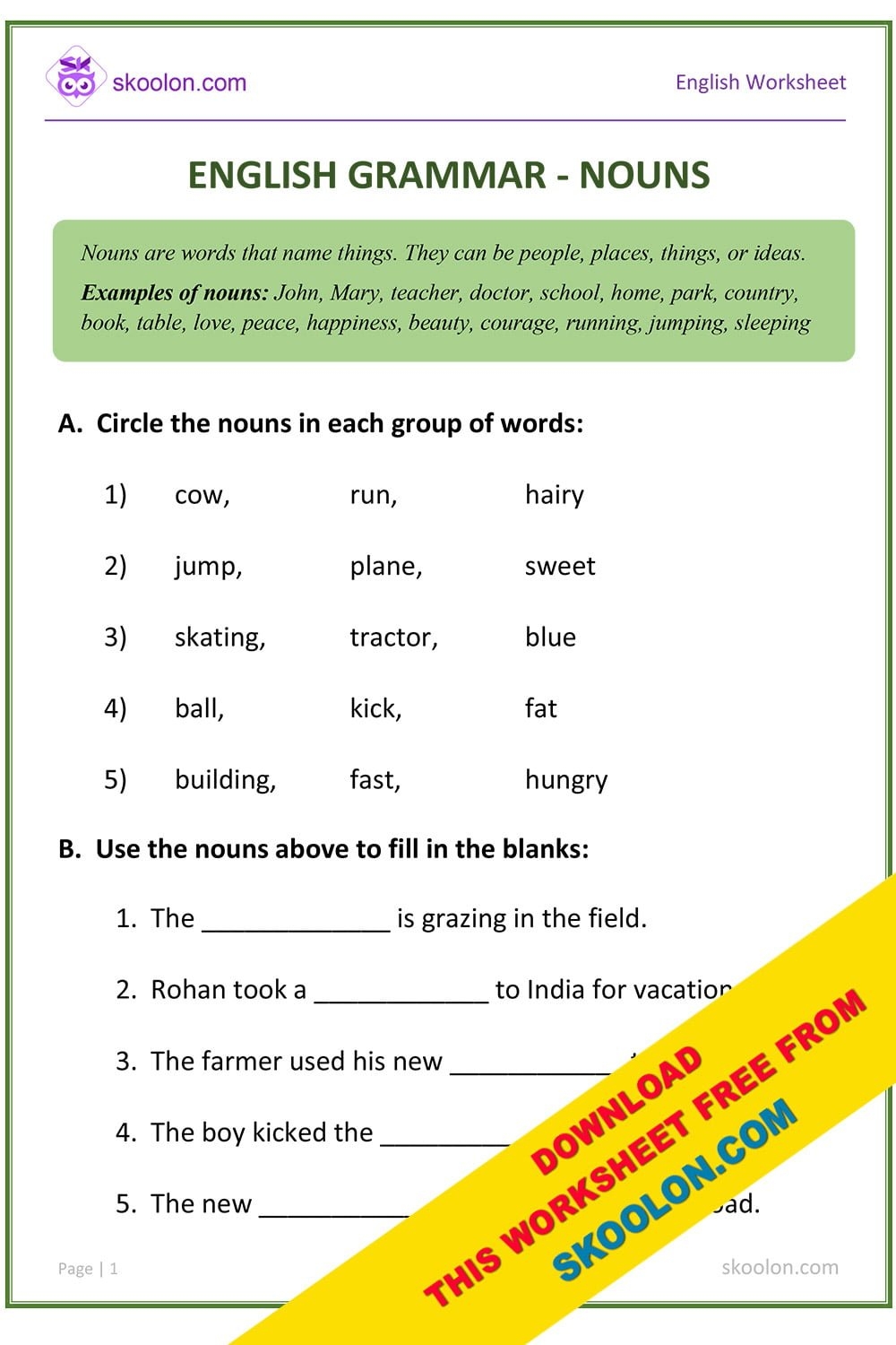 Nouns Worksheet 6 Skoolon Worksheets Library