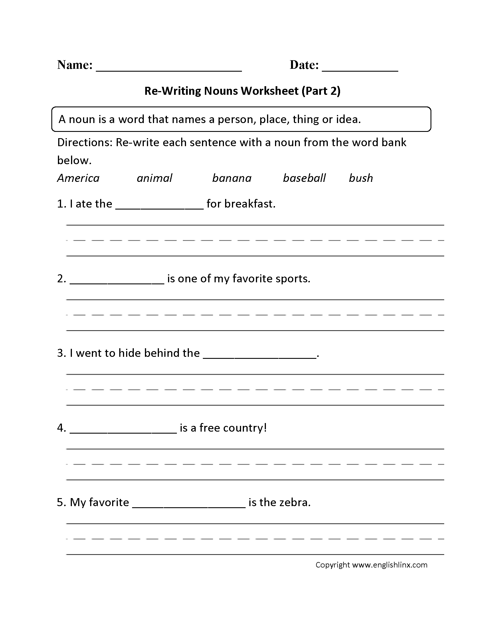 noun free printable worksheets