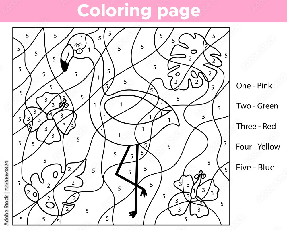 Number Coloring Page For Preschool Kids Learning English Colors Cute Cartoon Flamingo With Tropical Plants And Flowers Educational Worksheet Vector Illustration Stock Vector Adobe Stock
