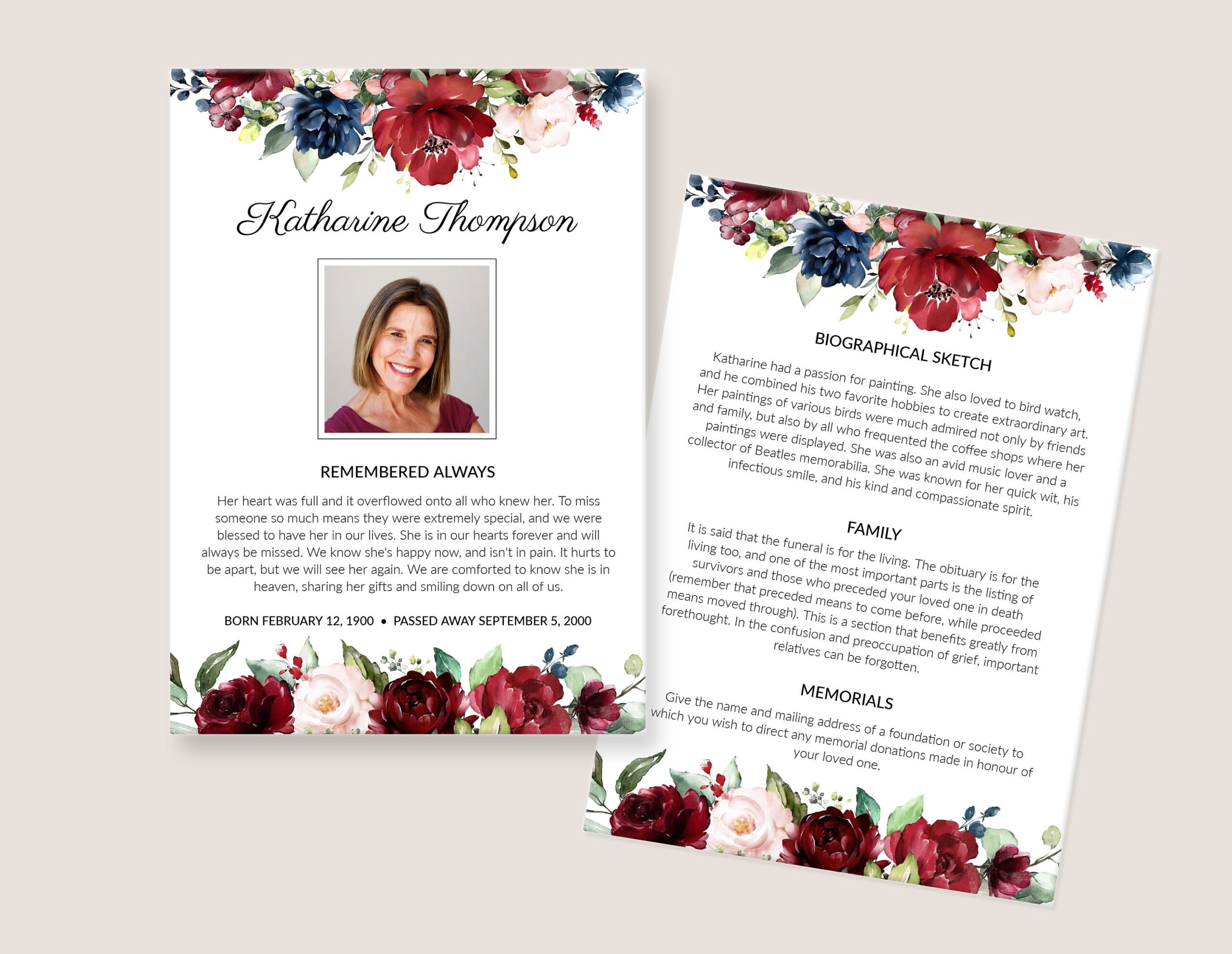 Obituary Template Funeral Memorial Card With Burgundy Red And Navy Blue Roses Printable And Editable Celebration Of Life Card 3389 Etsy