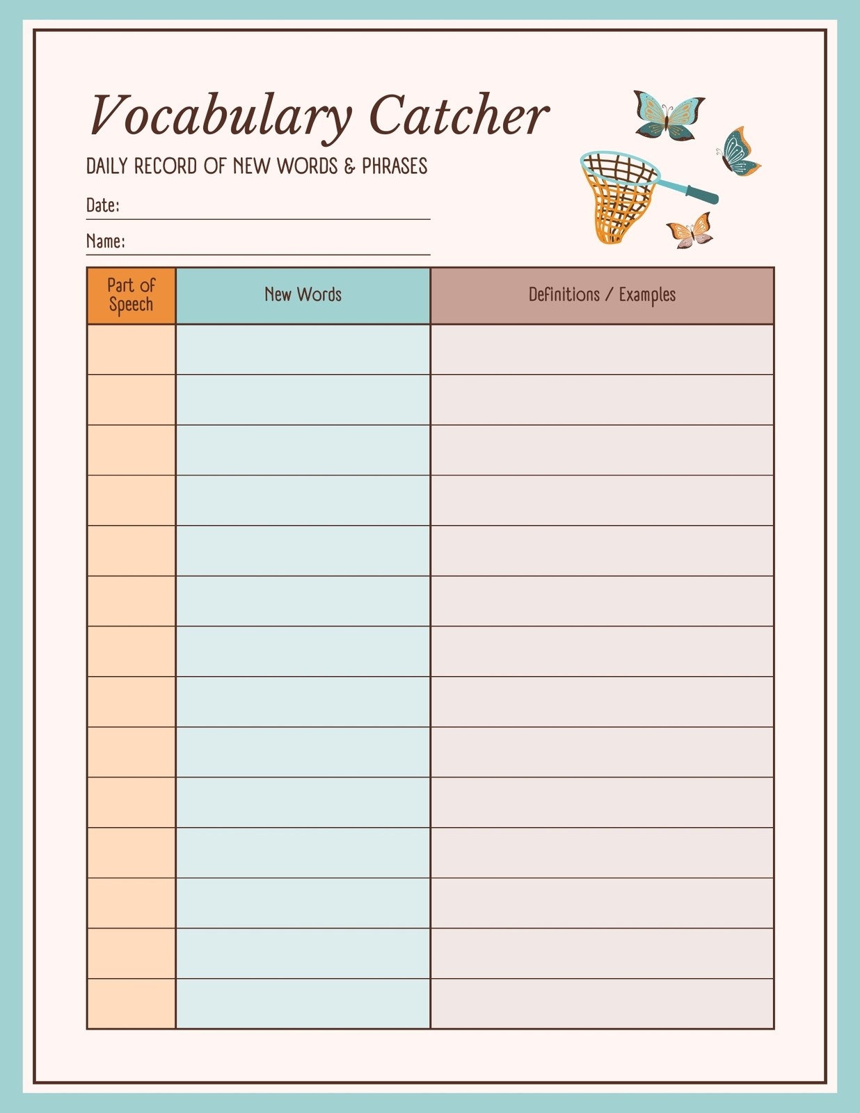 vocabulary sheet template