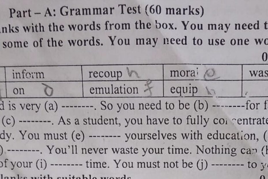 Part A Grammar Test 60 Marks Fill In The Blanks With The Words From