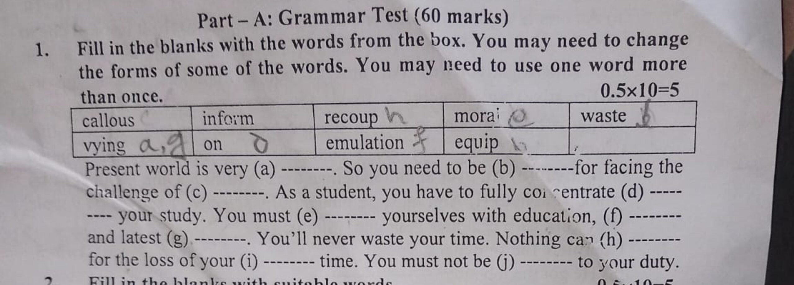 Part A Grammar Test 60 Marks Fill In The Blanks With The Words From 