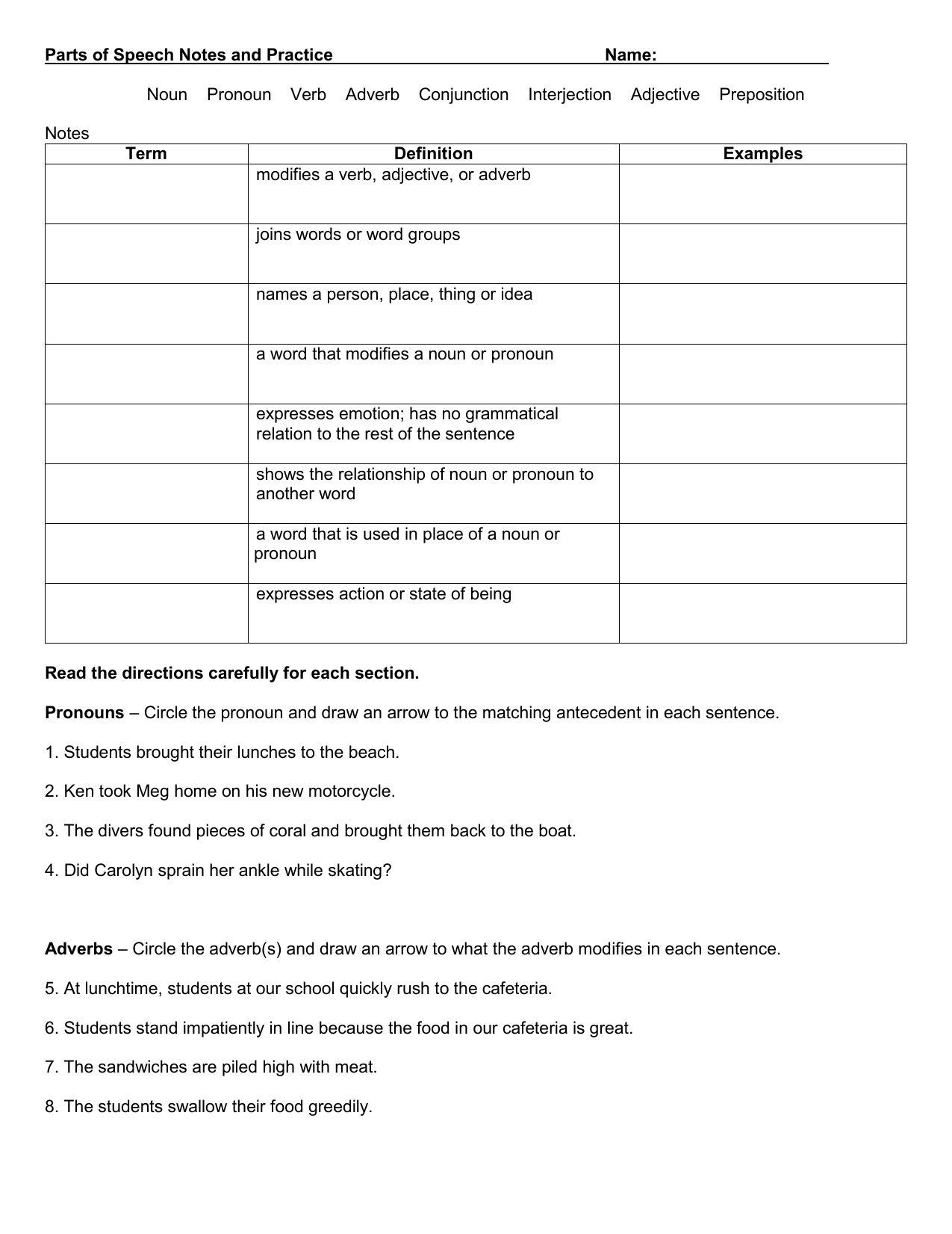 noun verb adjective adverb worksheet