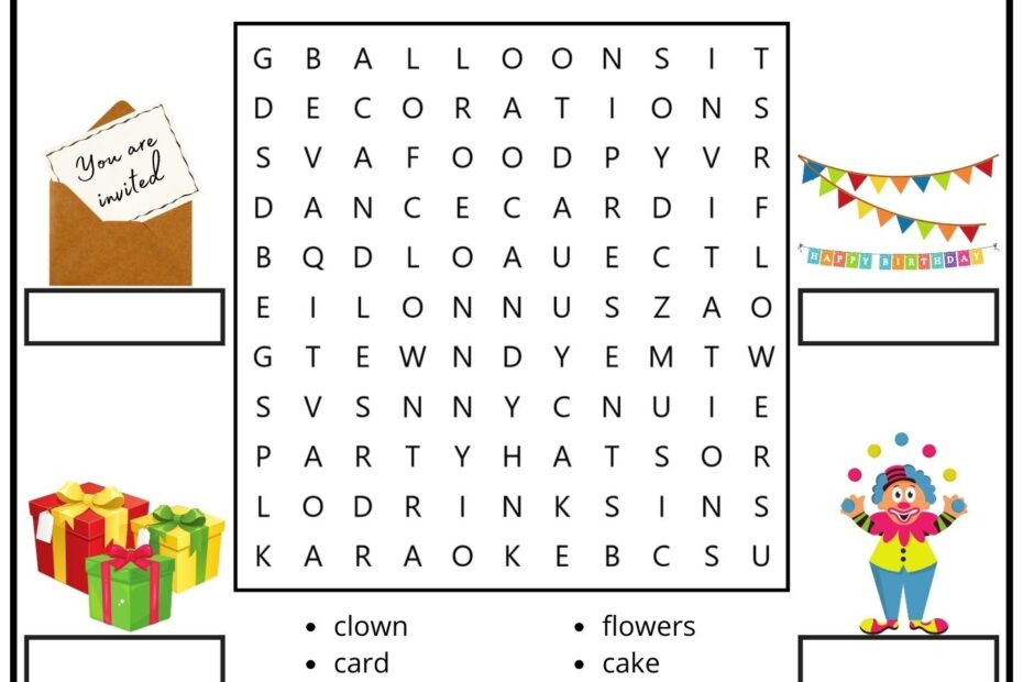 Party Vocabulary Word Search And Match The Words Activity For Kids