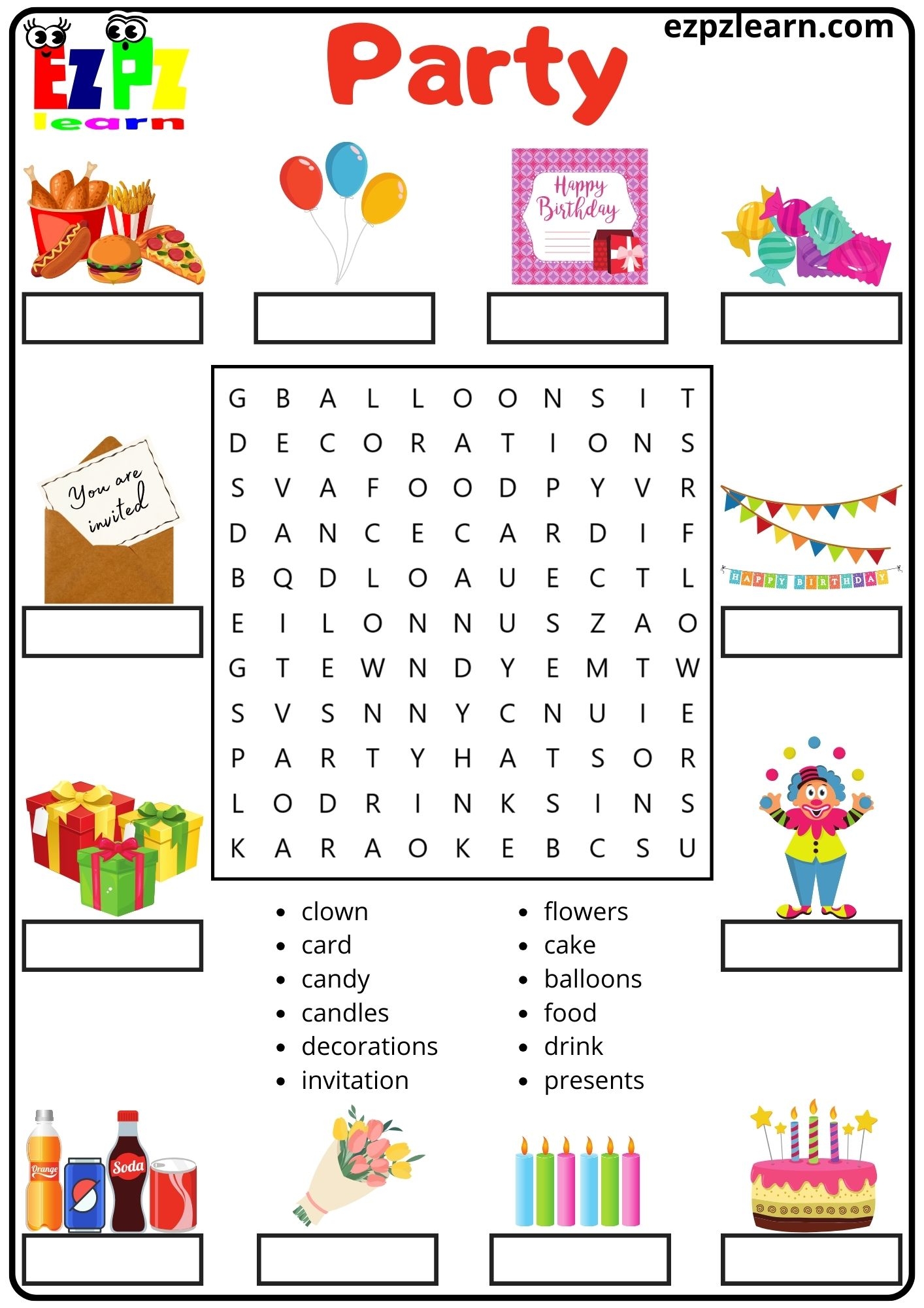 Party Vocabulary Word Search And Match The Words Activity For Kids 