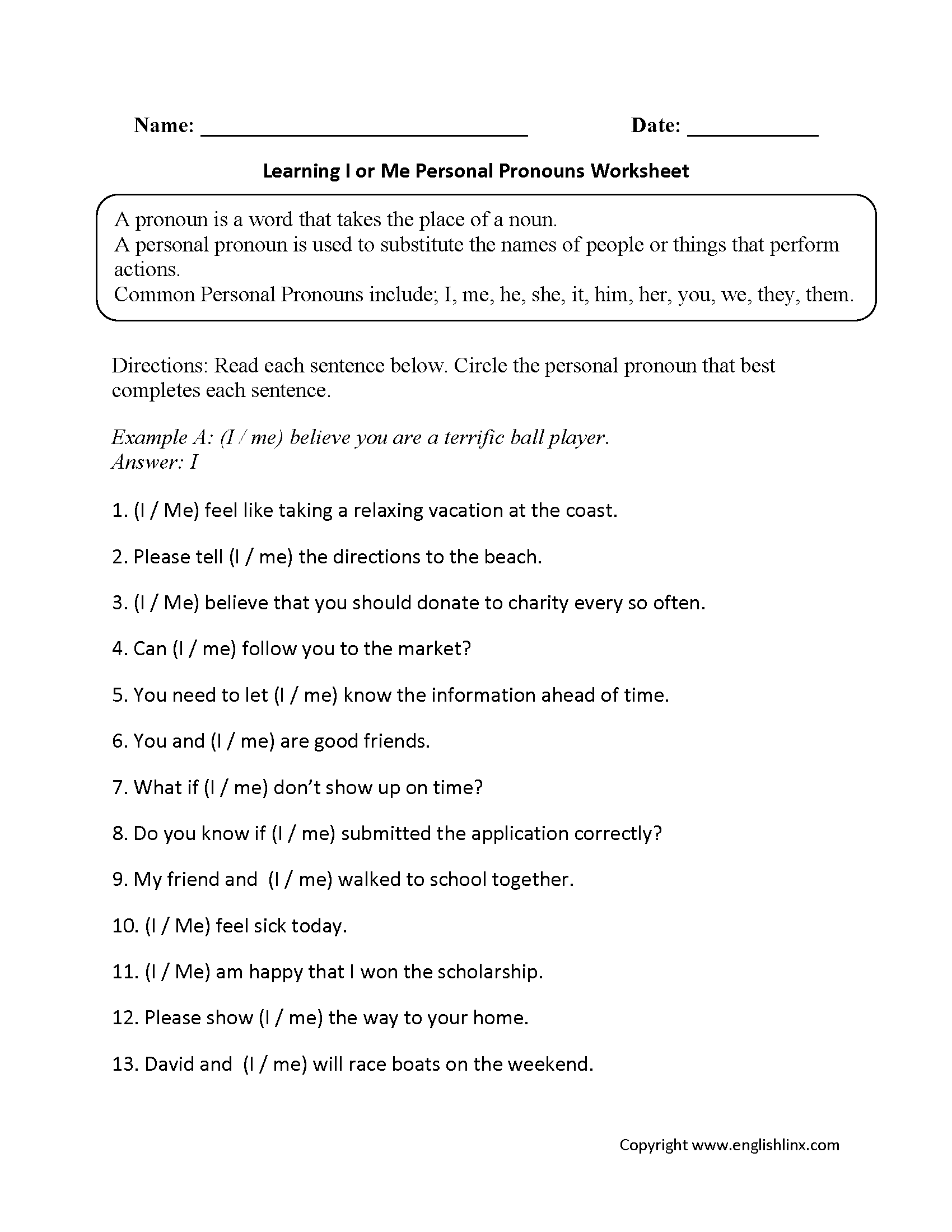 Personal Pronouns Worksheets Learning I Or Me Personal Pronouns Worksheets