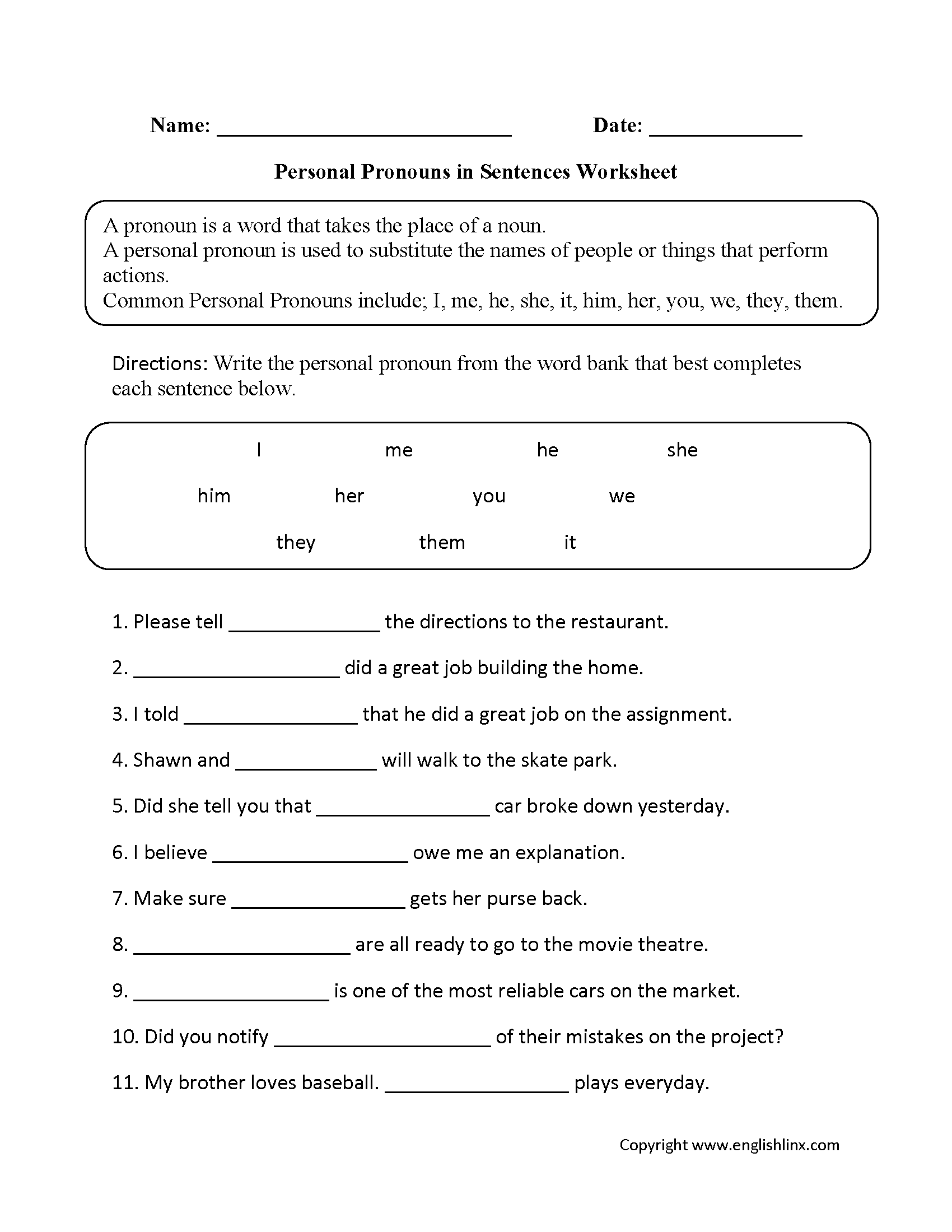Personal Pronouns Worksheets Personal Pronouns In Sentences 