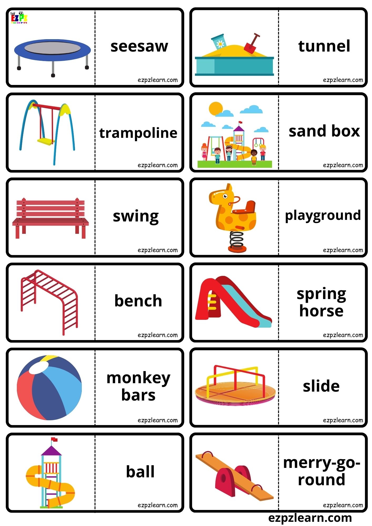 Playground Vocabulary Dominoes Matching Game For Kids And English Language Learners Free PDF Download Ezpzlearn