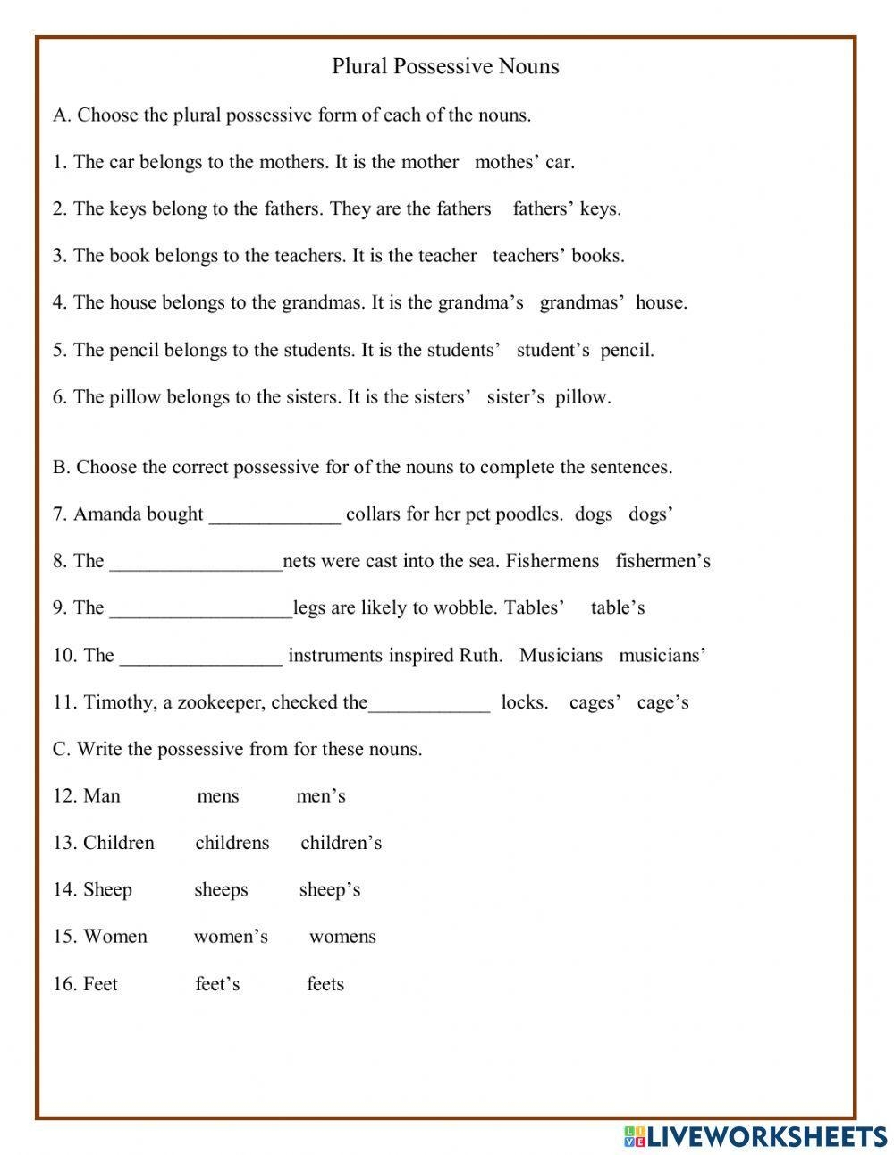 Plural Possessive Nouns II Worksheet Live Worksheets Worksheets Library