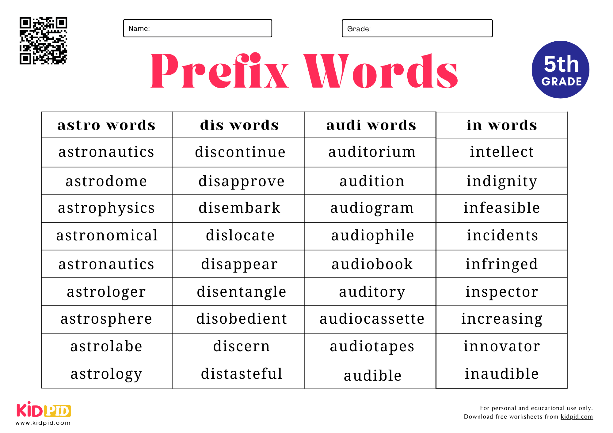 5th grade spelling words list