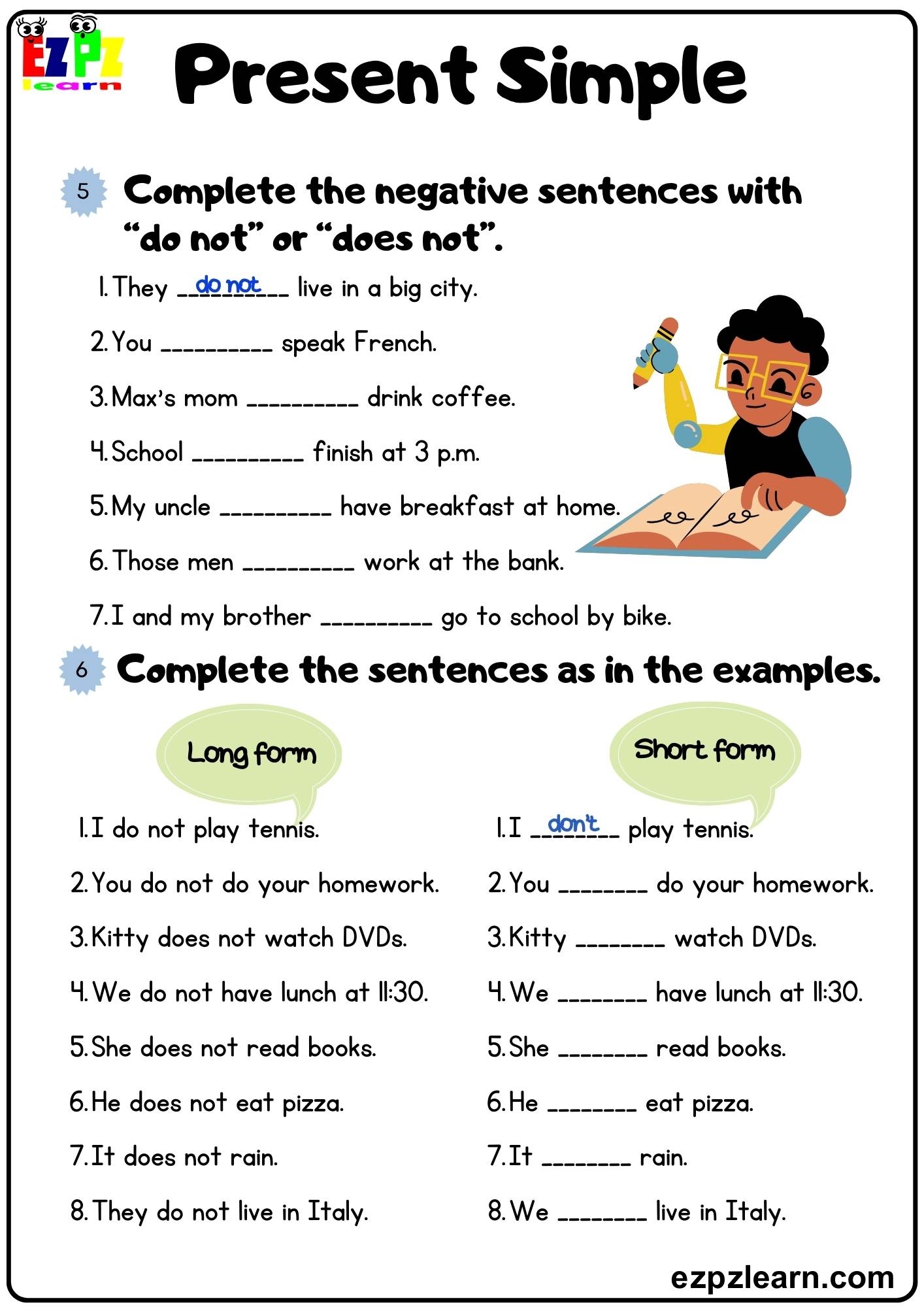 Present Simple Complete The Negative Sentences Grammar Worksheet 