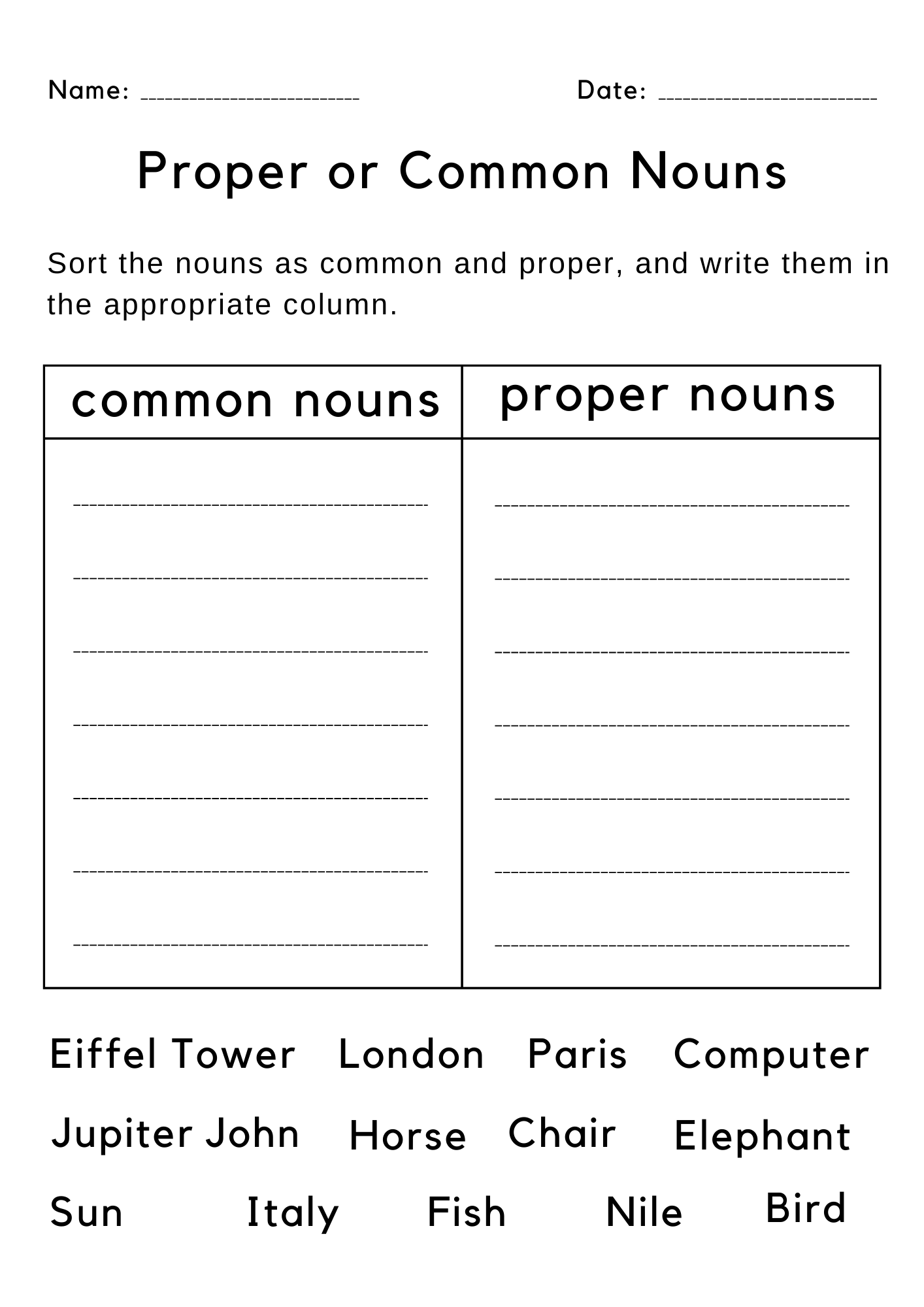 Printable Common Noun And Proper Nouns Worksheet For Grade 1 