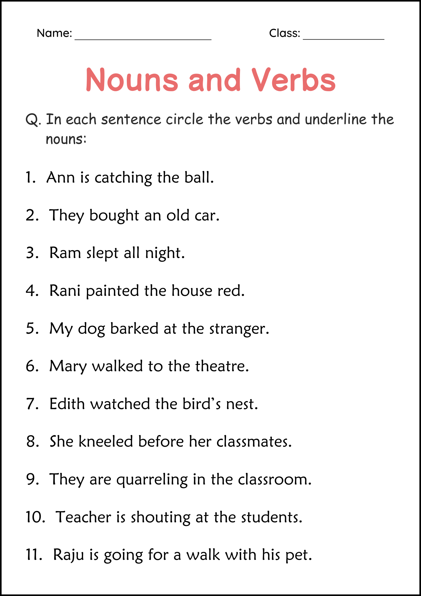 Printable Nouns And Verbs Grammar Worksheets 2nd And 3rd Grade Made By Teachers