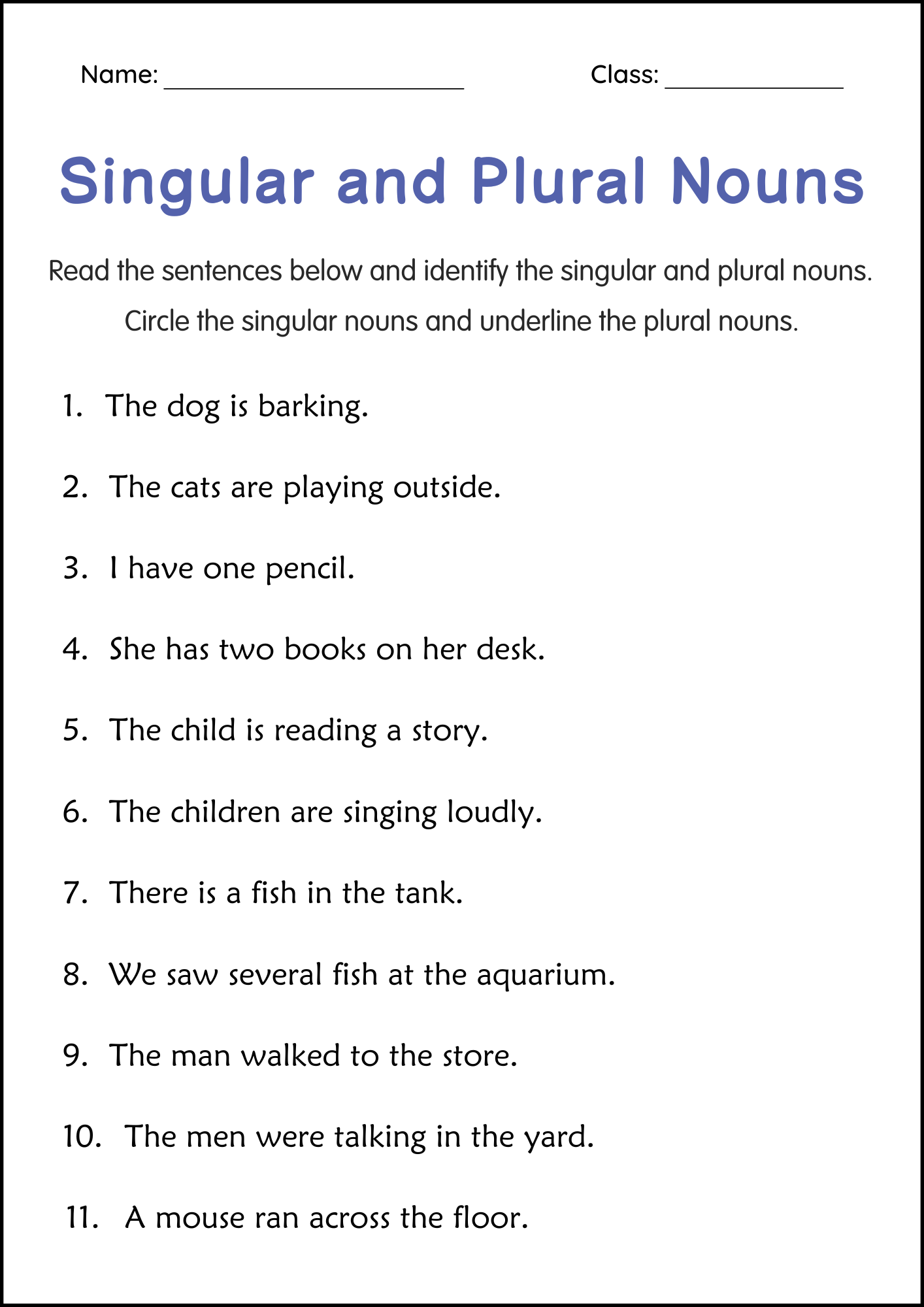 Printable Singular And Plural Nouns Grammar Worksheets For Grade 2 3 4 Teaching Resources