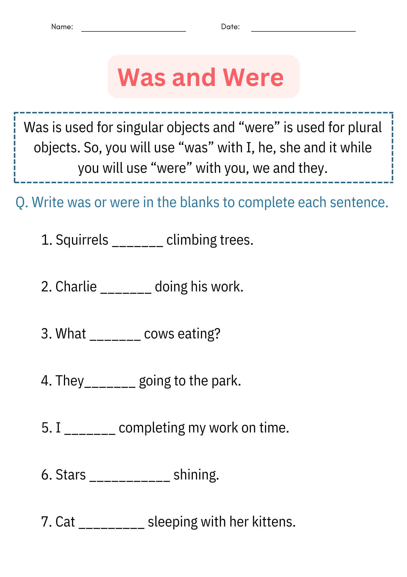 Printable Was And Were Grammar Worksheets And Activities For Being Verbs Made By Teachers