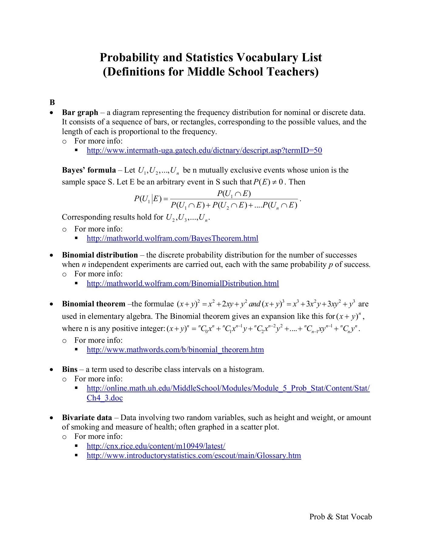 Probability And Statistics Vocabulary List Definitions 