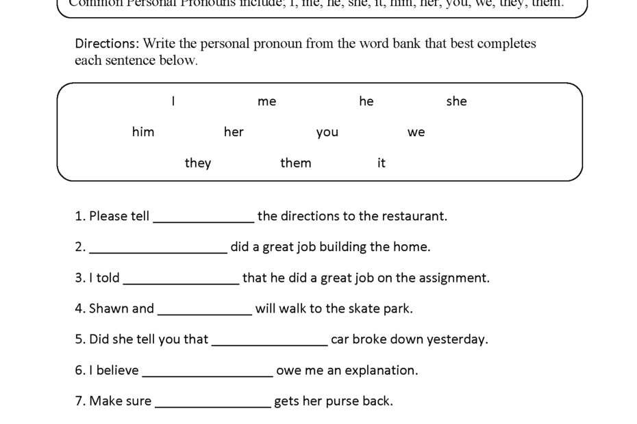 Pronouns Worksheets Personal Pronouns Worksheets