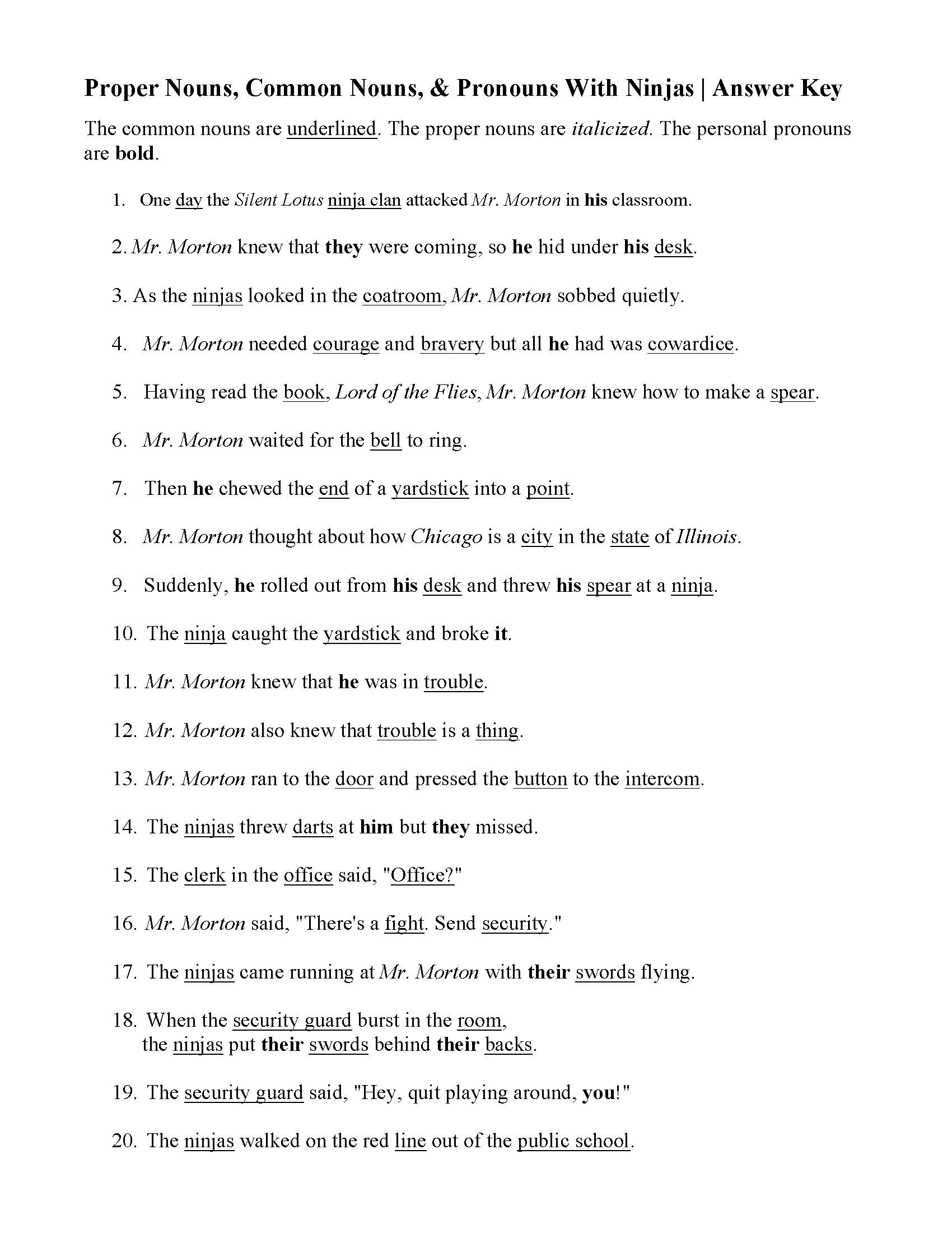 Proper Nouns Common Nouns And Pronouns Worksheet 