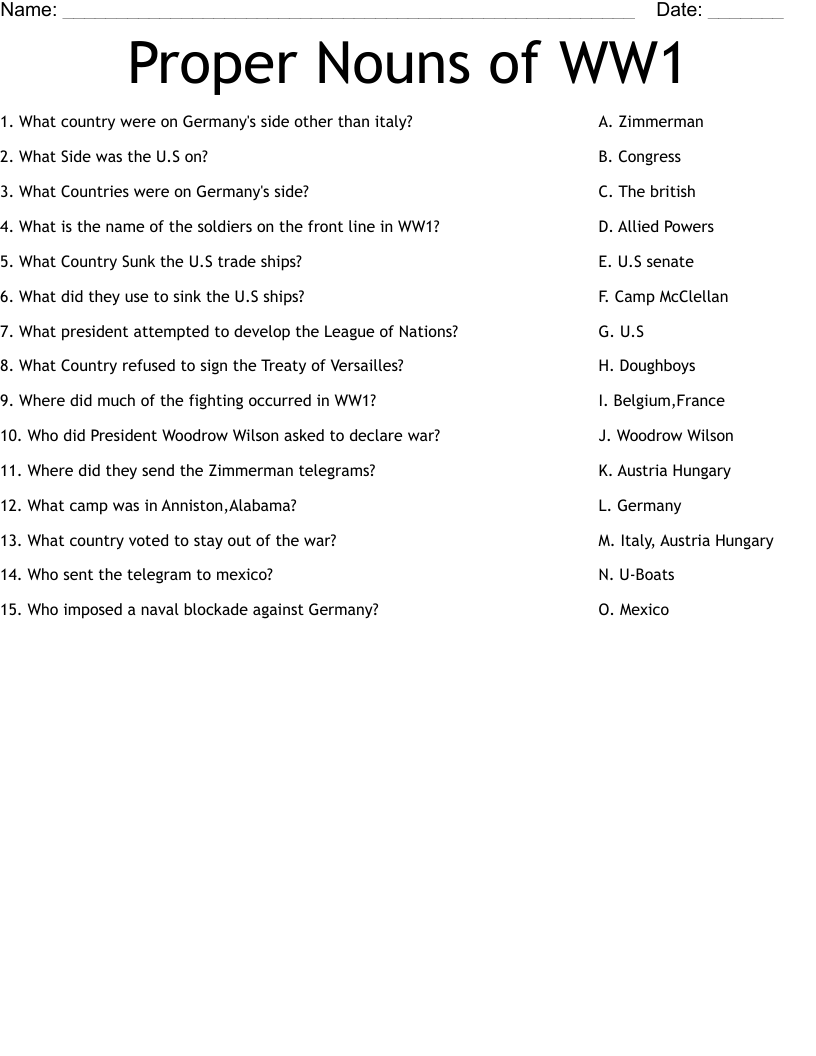 Proper Nouns Of WW1 Worksheet WordMint