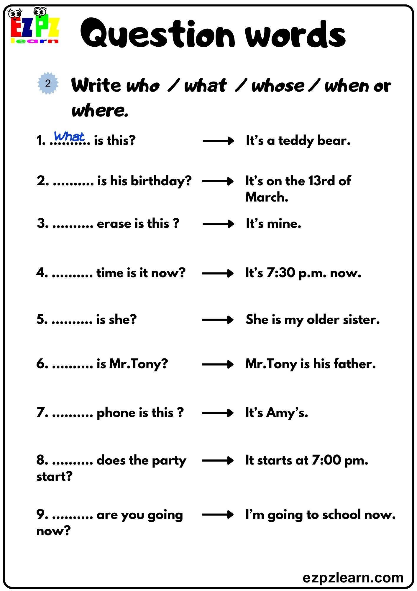 Question Words Write The Correct Question Word Grammar Exercise 