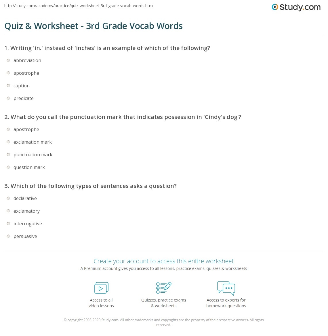 Quiz U0026 Worksheet 3rd Grade Vocab Words Study