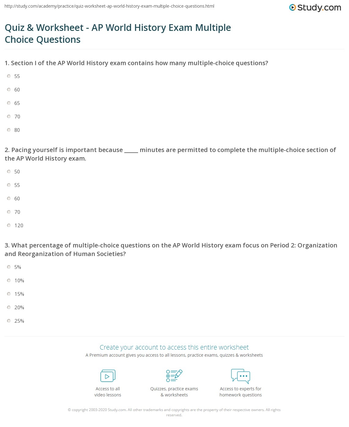 Quiz U0026 Worksheet AP World History Exam Multiple Choice Questions 