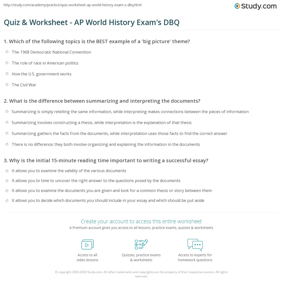 Quiz U0026 Worksheet AP World History Exam s DBQ Study