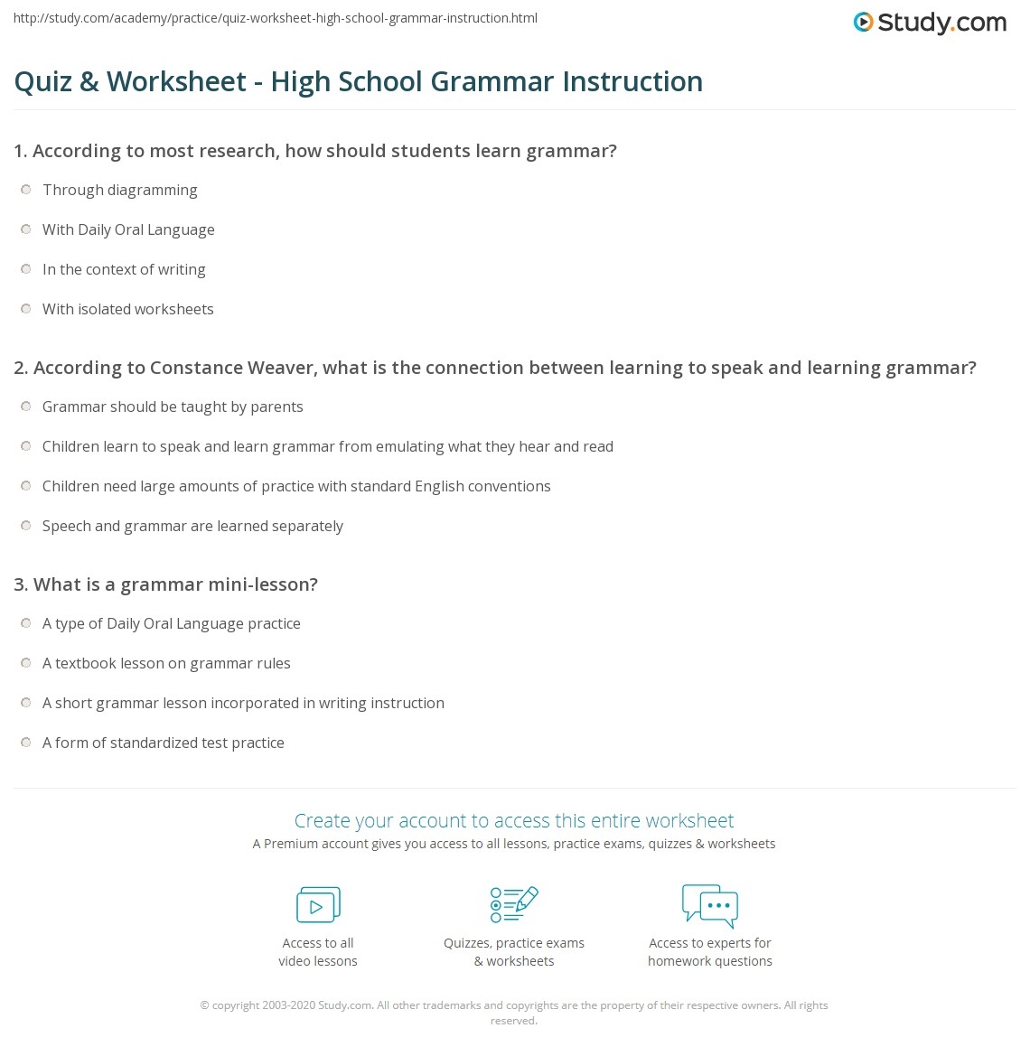 Quiz U0026 Worksheet High School Grammar Instruction Study 