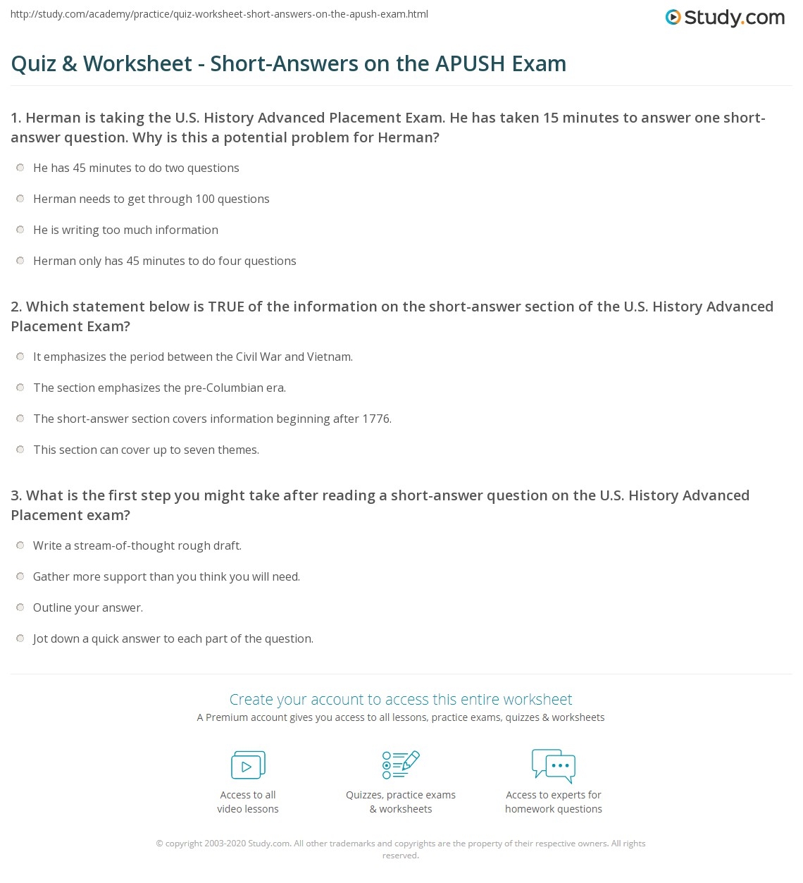 Quiz U0026 Worksheet Short Answers On The APUSH Exam Study