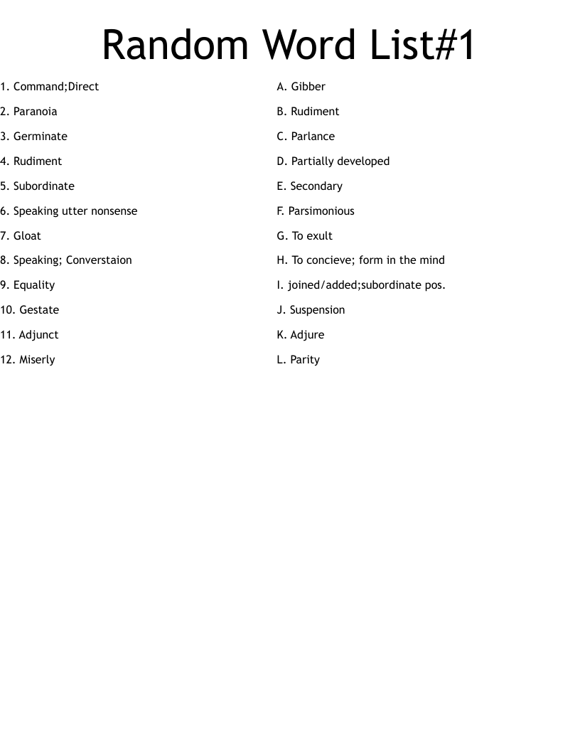 Random Word List 1 Worksheet WordMint