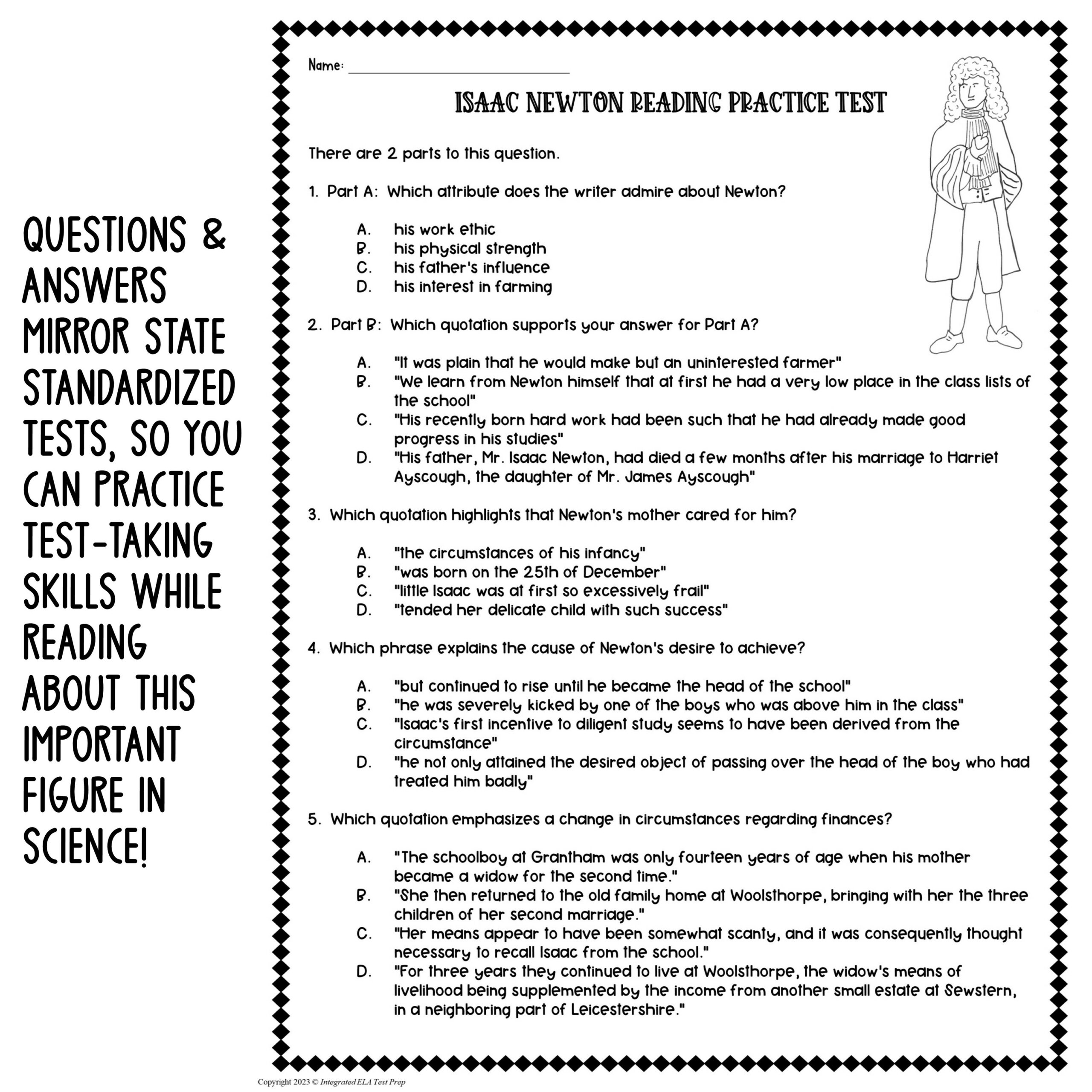 Reading Comprehension Passage Questions Test Isaac Newton Informational Text