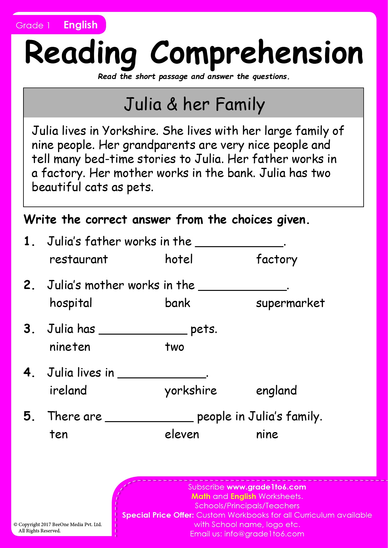 1st grade reading comprehension free
