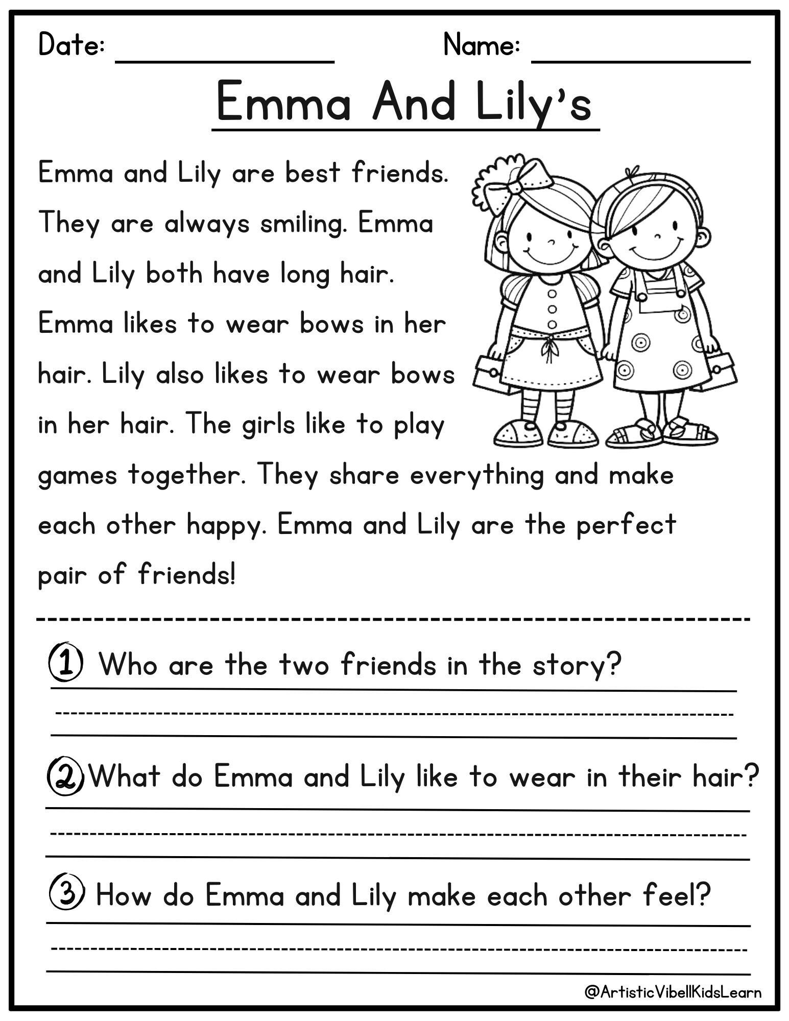Reading Comprehension Printable Kindergarten First Grade 