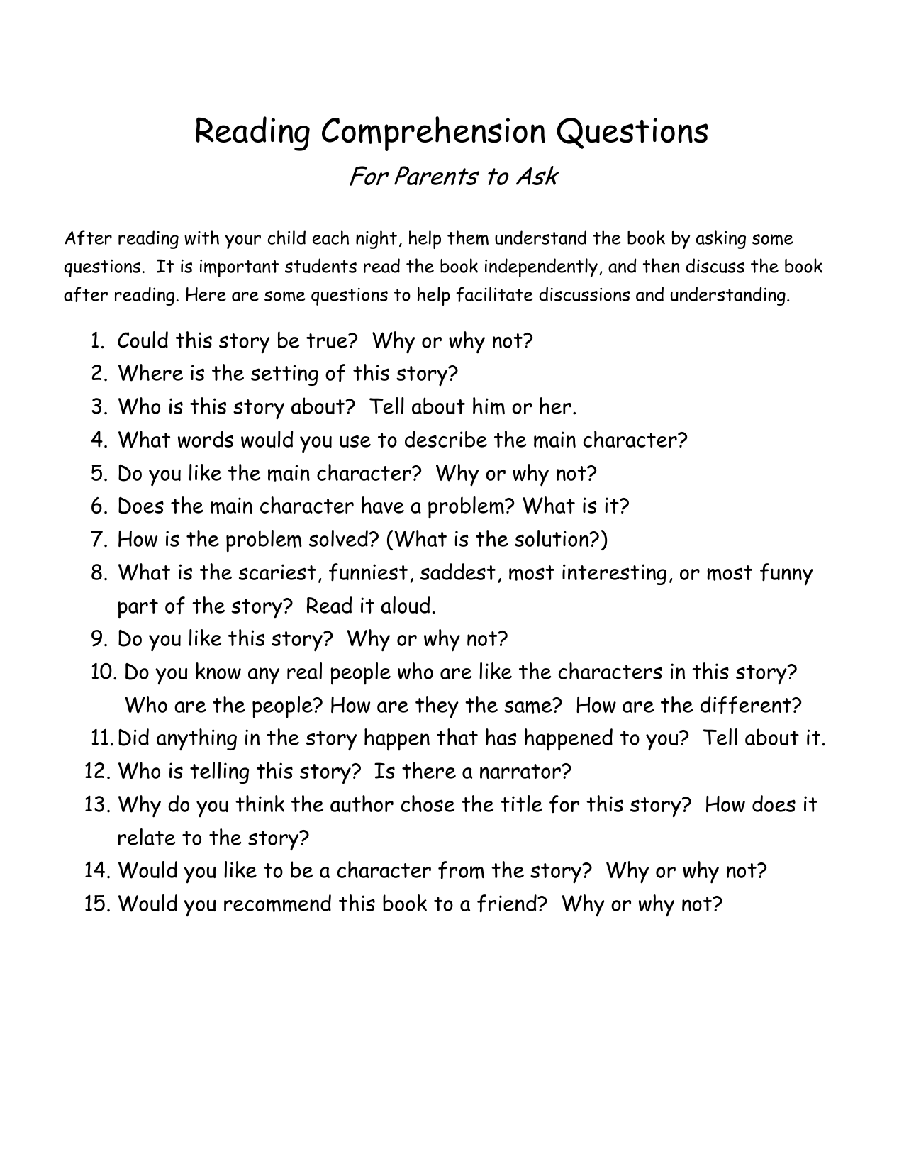 Reading Comprehension Questions For Parents