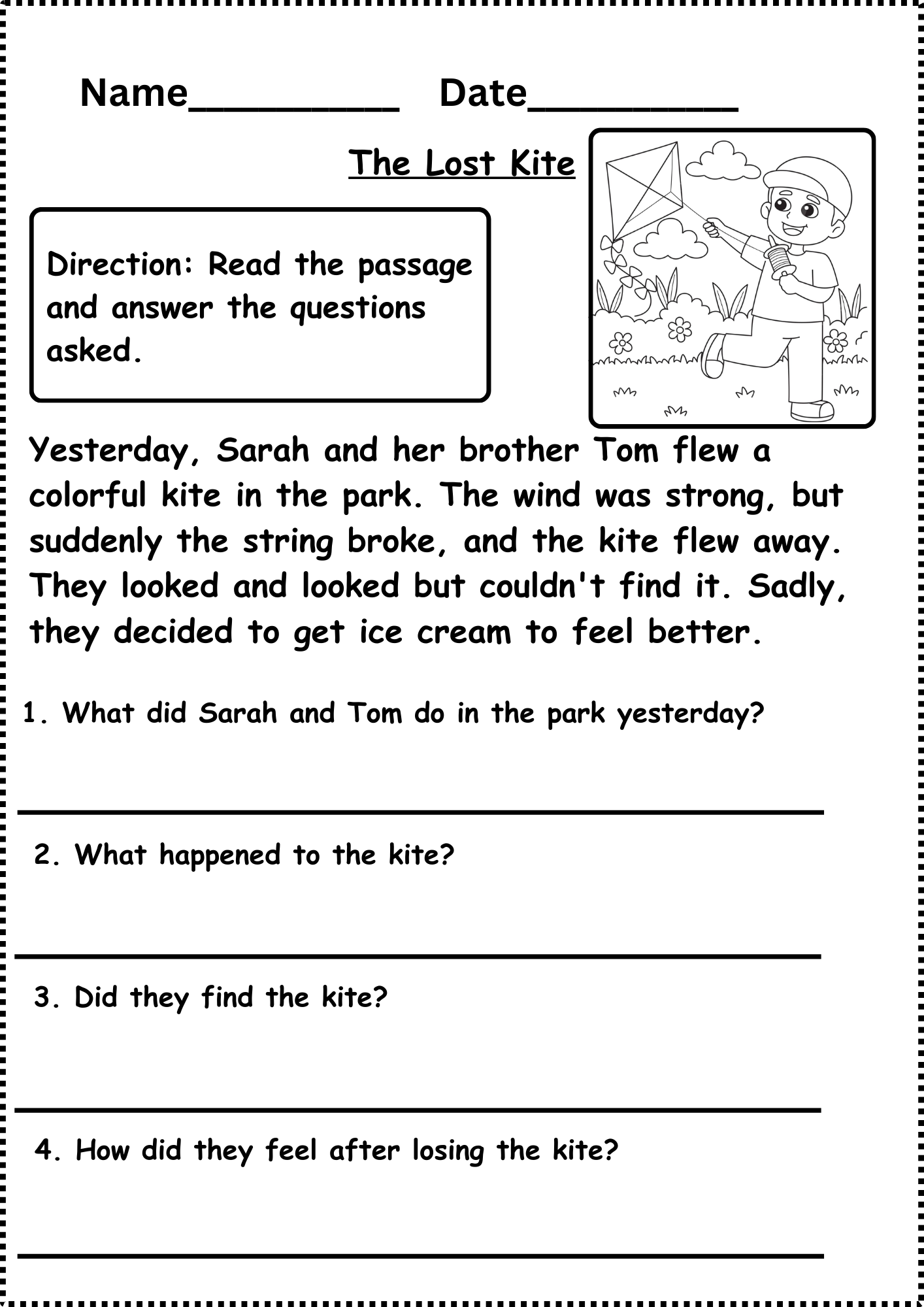 simple reading comprehension passages with questions and answers