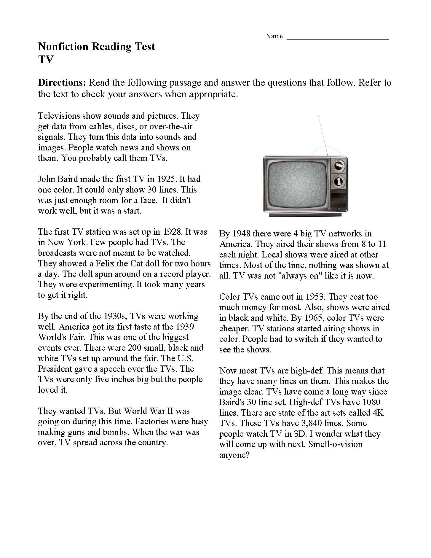 short reading comprehension passages with questions and answers pdf