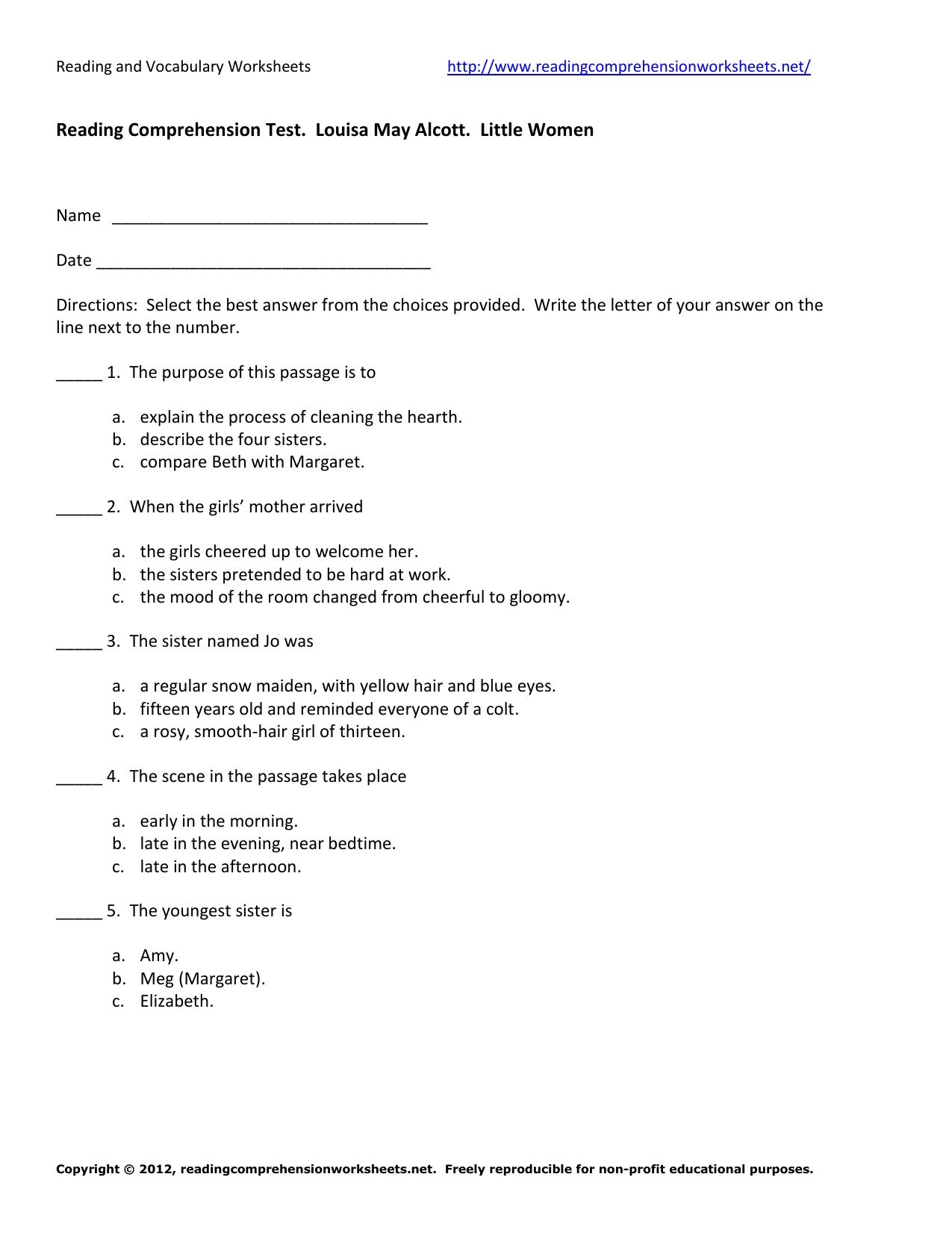 Reading Comprehension Worksheets Tests