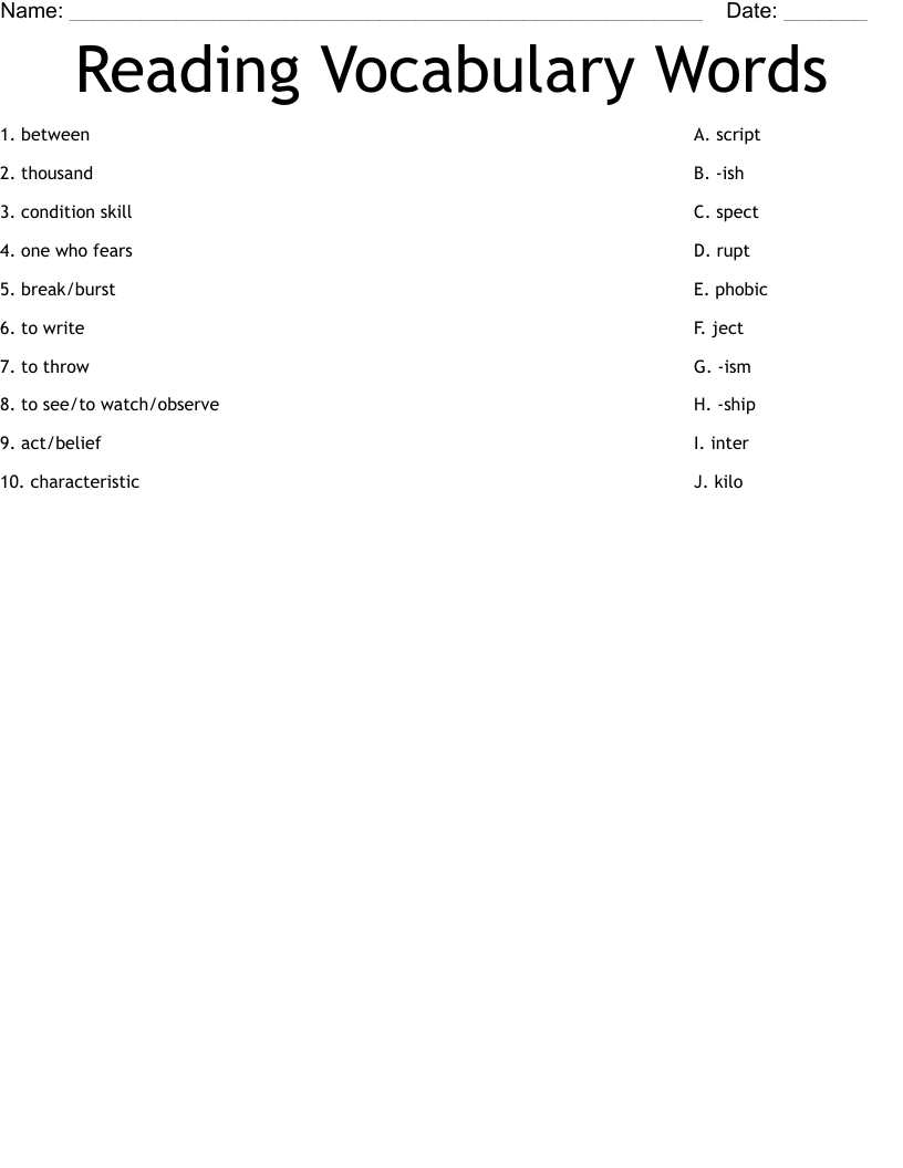 Reading Vocabulary Words Worksheet WordMint